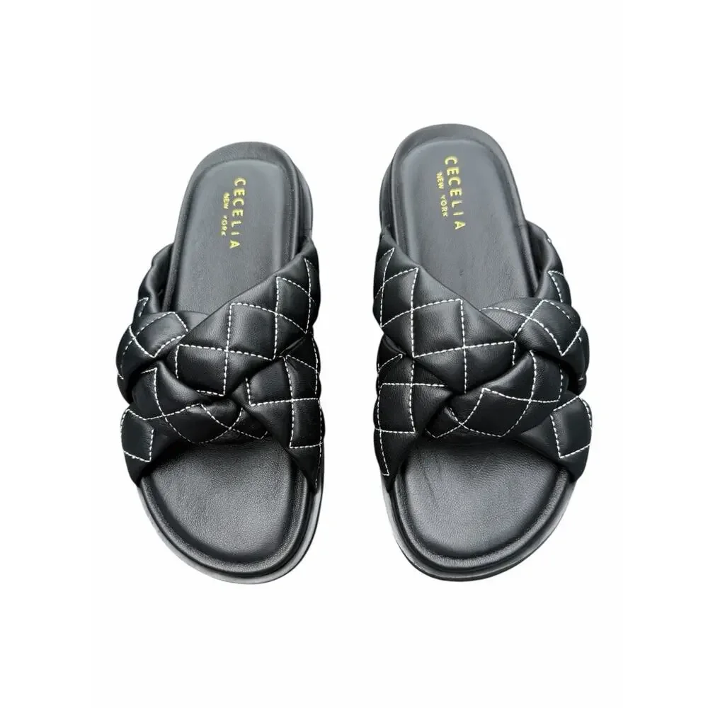 Cecelia New York Ellie Quilted Braided Leather Slide Sandals Black  5.5 NIB